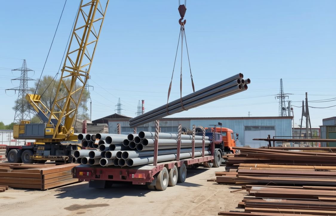 BMT - Blog 1 A truck loading metal pipes onto a truck